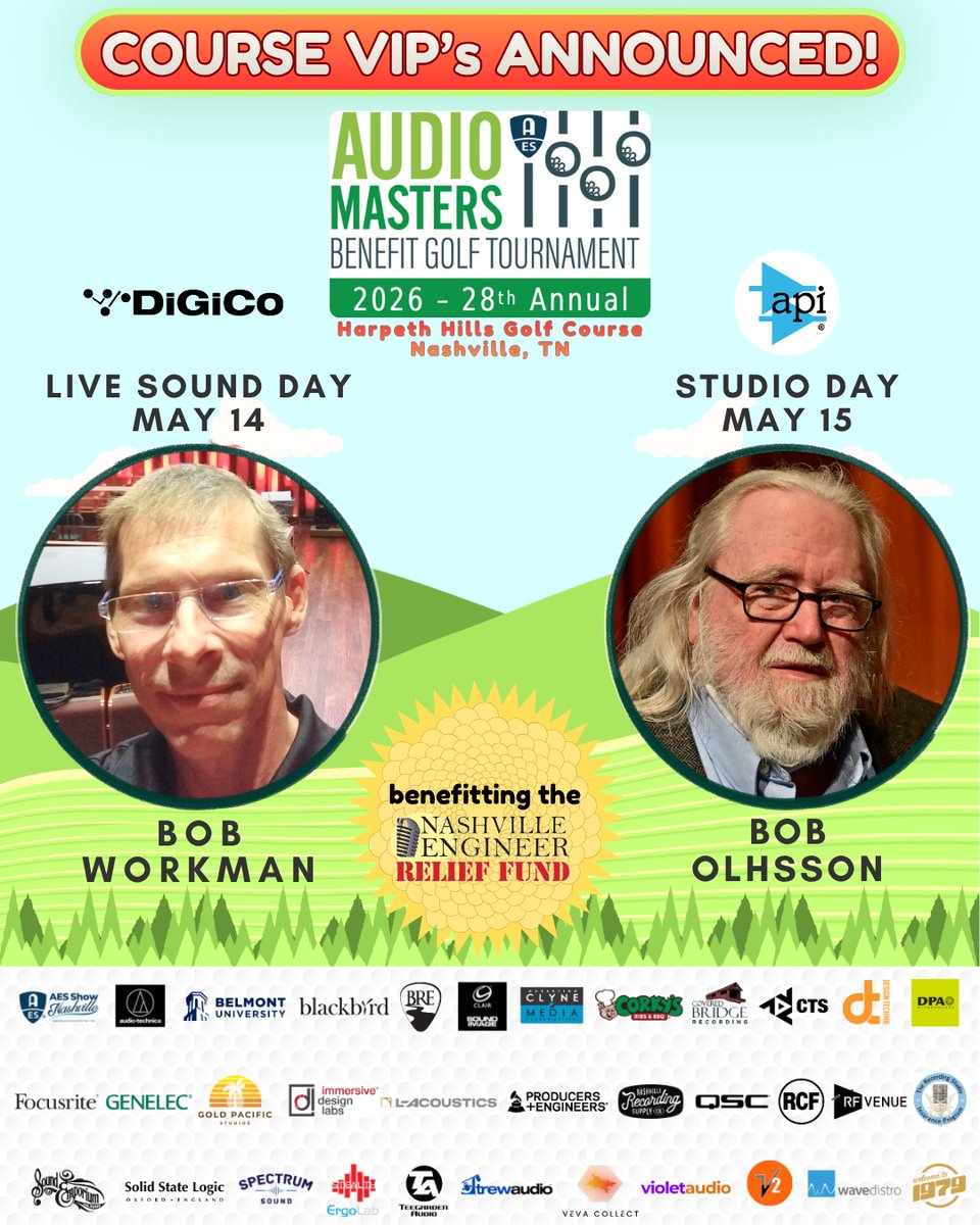 audiomasterstn's tweet image. ⛳️ AudioMasters 2026 — Register Now!

2 days. 2 legends. 1 great cause!
May 14 (@DiGiCo_official  Live Sound Day): Bob Workman

May 15 (@ThisIsAPIaudio  Studio Day): Bob Olhsson

Spots are going fast—don’t get left out.
👉 birdease.com/28thAnnualAudi…

#ProAudio #AESorg #Nashville