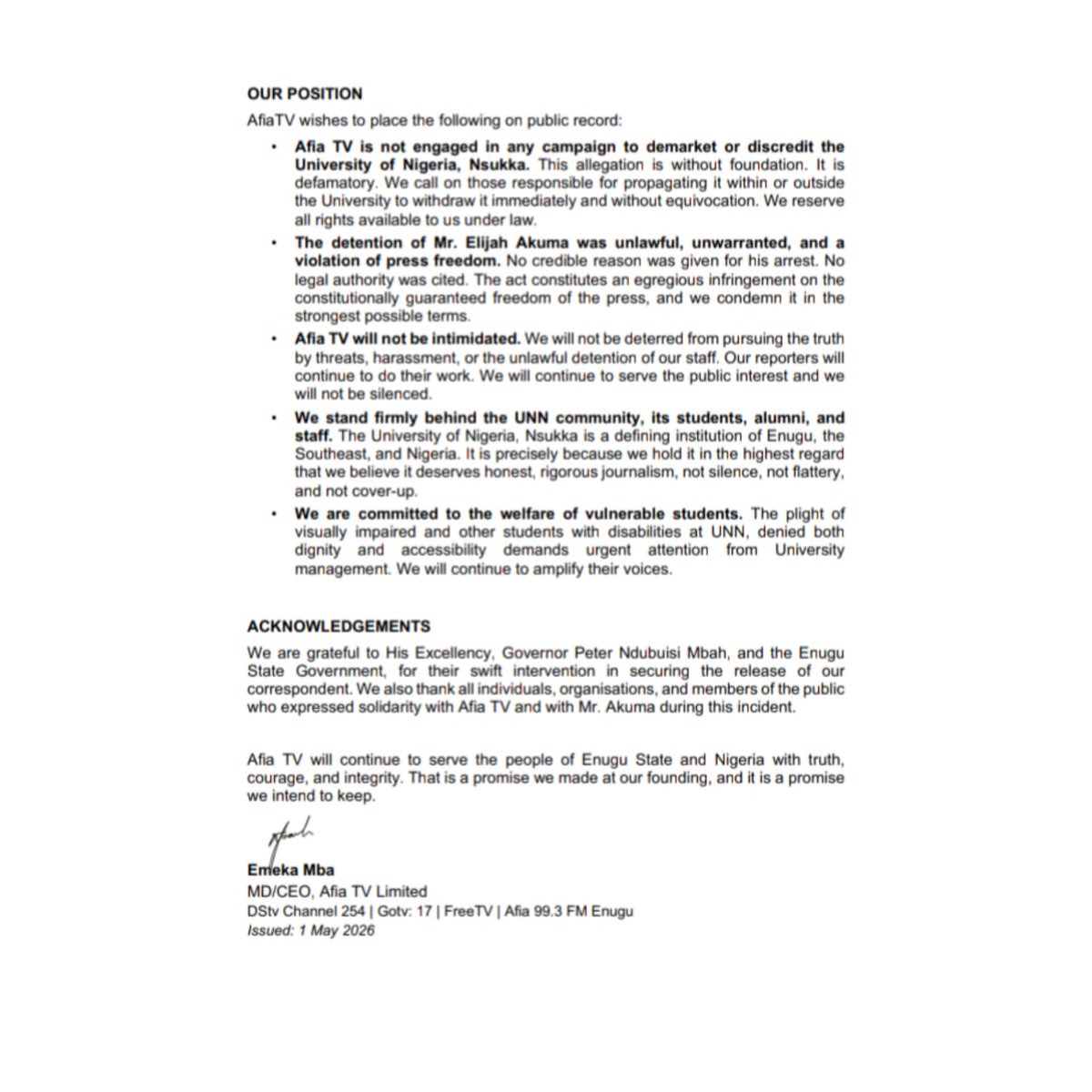 Afia TV condemns the detention of its reporter Elijah Akuma by University of Nigeria, Nsukka security, calling it unlawful and a violation of press freedom.

We won’t be intimidated.