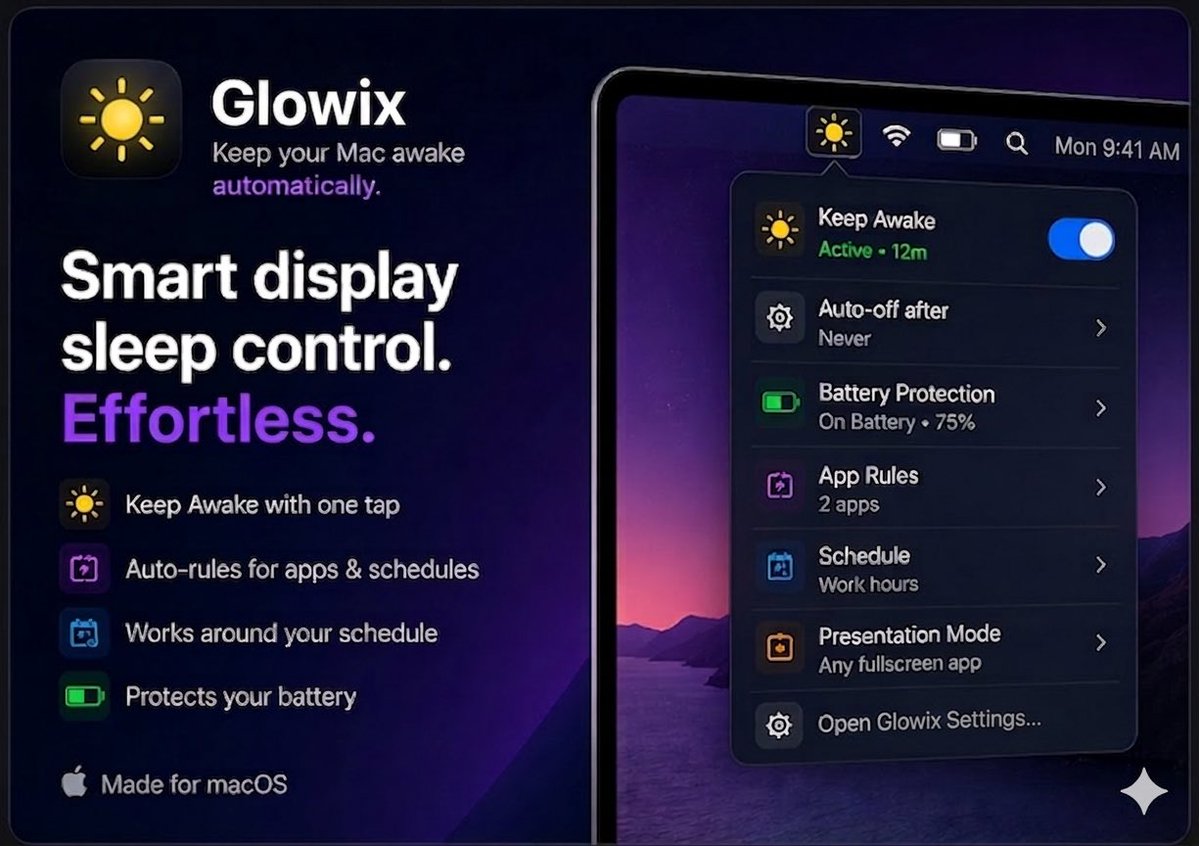astrolabs21's tweet image. Glowix collects zero data. 🔒
 
No analytics. No tracking. No cloud.
Everything runs entirely on your Mac.
 
Just a tiny, private, focused utility that does one thing well.
 
#MacApp #PrivacyFirst #macOS #IndieDev #MenuBarApp