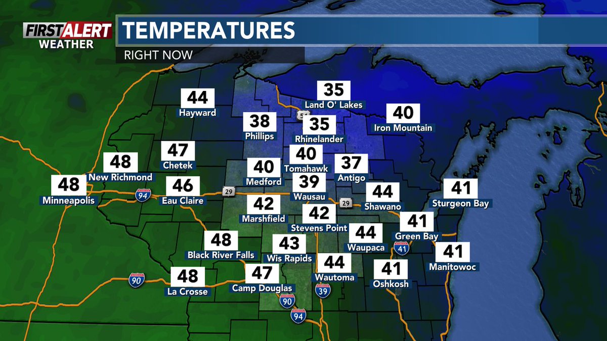 WSAWWeather's tweet image. Here's a look at the lunch time temperatures across central #Wisconsin. 
Latest #WSAW #FirstAlert #weather #forecast for the rest of the day-&amp;gt; wsaw.com/weather