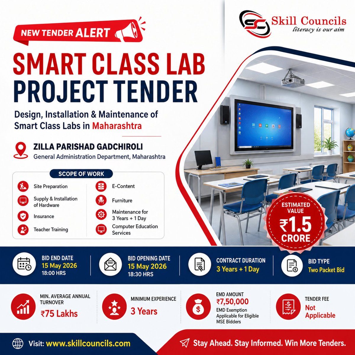 Skillcouncils's tweet photo. 🚨 Tender Alert!

₹1.5 Cr Smart Class Lab Project in Maharashtra 🏫

📍 ZP Gadchiroli
📅 Last Date: 15 May 2026
💼 Eligibility: ₹75L Turnover | 3 Yrs Exp
👉 Don’t miss this EdTech opportunity

#TenderAlert #SmartClass #EdTech #GovtTender #India #skillcouncils https://t.co/Jvu3f3XrN2