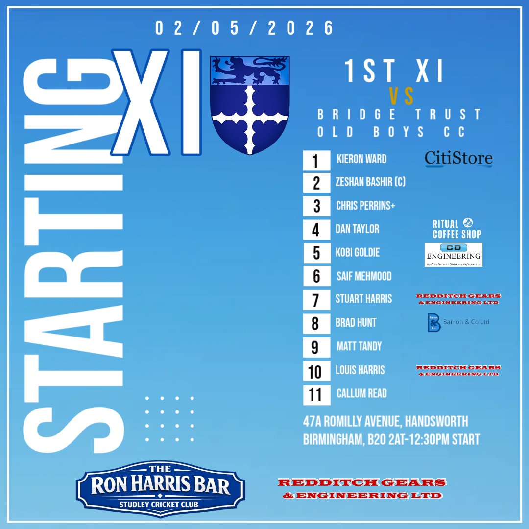 StudleyCC's tweet image. This weekends teams and fixtures brought to you by The Ron Harris Bar and Redditch Gears &amp;amp; Engineering 🏏. 

1st XI travel to Bridge Trust Old Boys CC
2nd XI host Erdington CC 
3rd XI host Marston Green CC 

Go well and #UTS 💙🤍