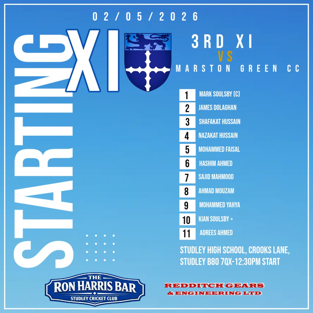 StudleyCC's tweet image. This weekends teams and fixtures brought to you by The Ron Harris Bar and Redditch Gears &amp;amp; Engineering 🏏. 

1st XI travel to Bridge Trust Old Boys CC
2nd XI host Erdington CC 
3rd XI host Marston Green CC 

Go well and #UTS 💙🤍