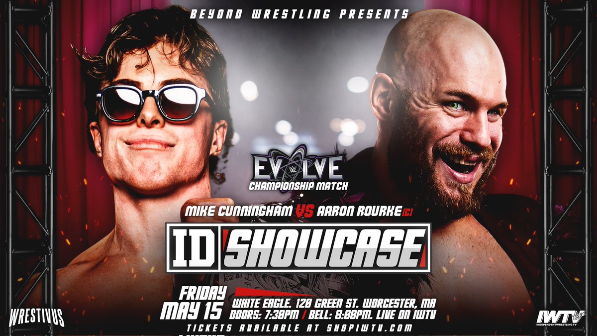 beyondwrestling's tweet photo. TWO WEEKS AWAY: ID Showcase comes to White Eagle in Worcester, MA on Friday, 5/15 as part of The Wrestivus!

https://t.co/9VVK1387cM

- WWE EVOLVE Champion @PerfectAaron1 vs. @maxabramswwe
- @WWEID Women's Champion @LaynieLuck vs. the winner of @Airica_Demia vs. @notorious_mimi https://t.co/SF5FMXTLWF