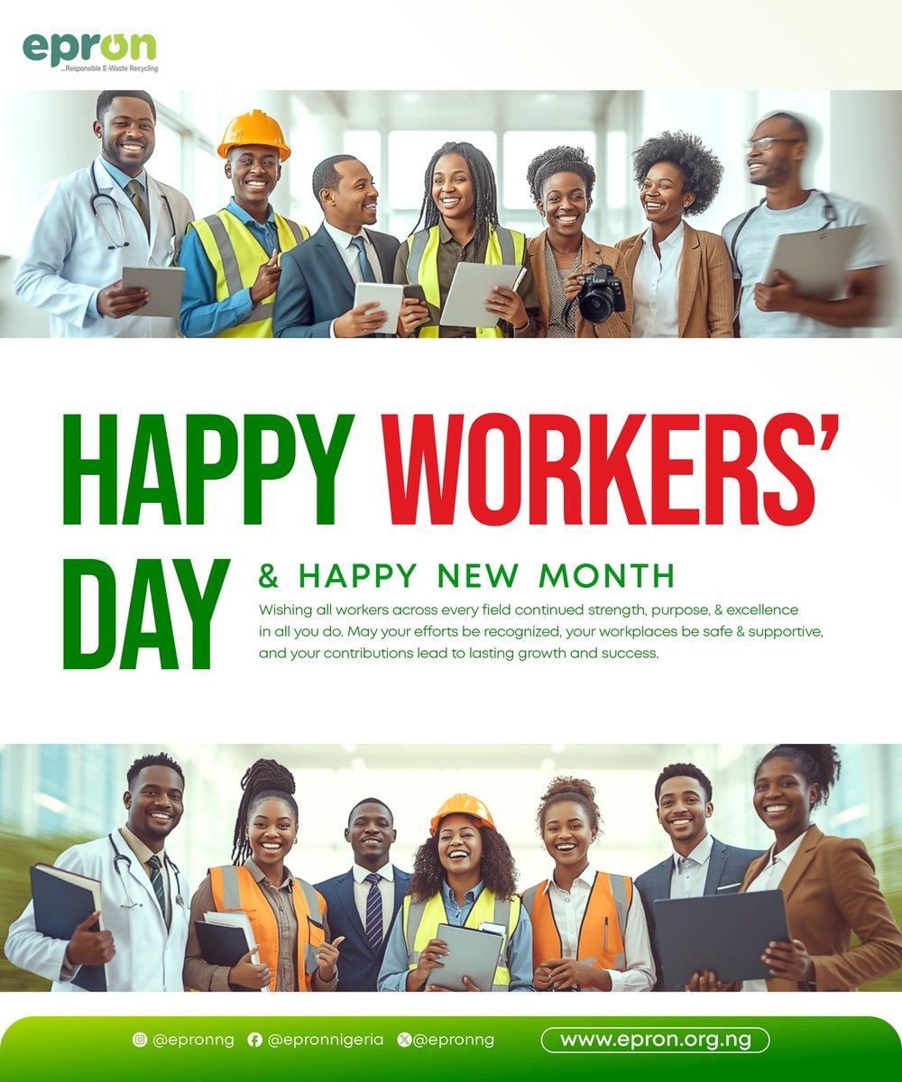 EpronNg's tweet photo. Happy Workers’ Day & Happy New Month
We acknowledge the dedication of those who keep things moving every day.
A new month brings another phase to improve and strengthen responsible e-waste recycling.
Here’s to meaningful development.
#EPRON #WorkersDay #NewMonthofMay #May01 https://t.co/cN5lBD8MAE