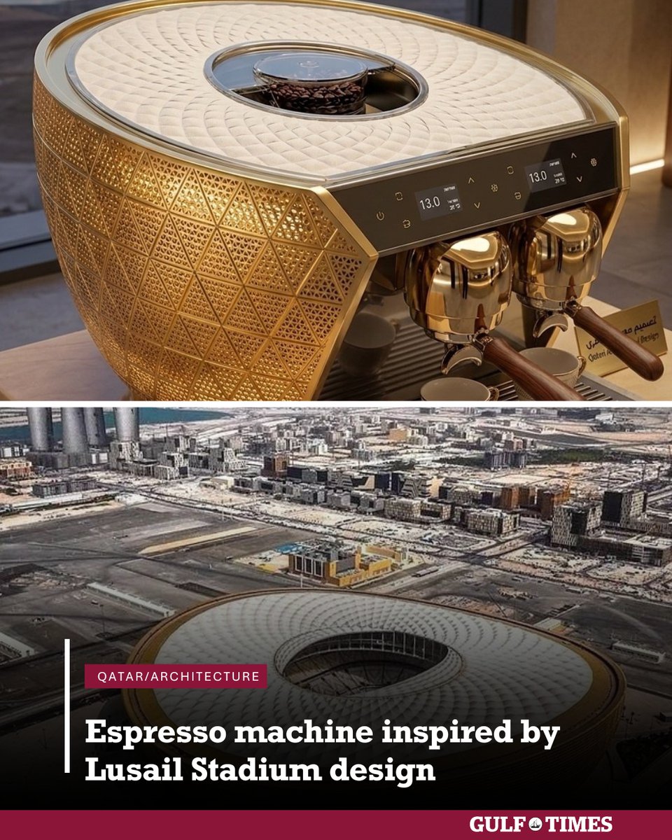 GulfTimes_QATAR's tweet image. An #espresso machine inspired by the exterior of #Lusail Stadium 🏟️  the iconic venue that hosted the 2022 FIFA World Cup Final in #Qatar 🇶🇦 blending engineering ⚙️, architecture 🏗️, and sporting legacy ⚽ into a single concept.

From pitch to pour ☕, the design captures the