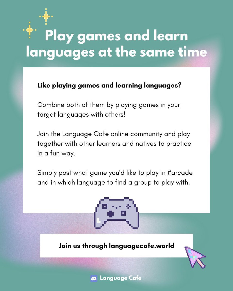 LanguageCafe's tweet image. Gaming + Language Learning = The ultimate immersion! #langtwt

Join the Language Cafe community to find gaming buddies who speak your target language.
1️⃣ Head to #arcade
2️⃣ Post your game of choice &amp;amp; target language
3️⃣ Play and practice with natives and learners!