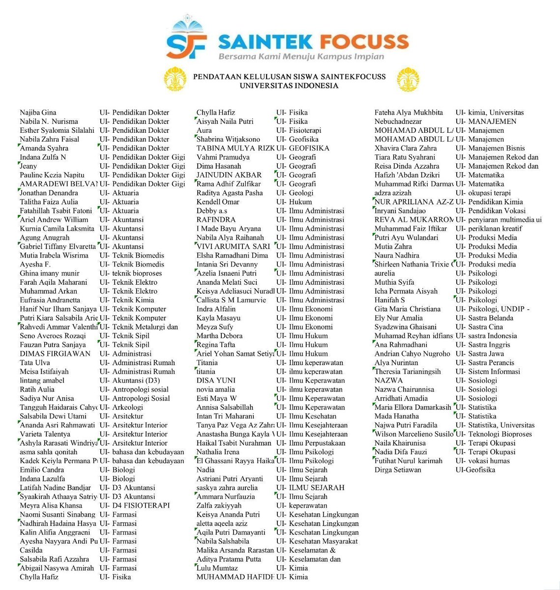 SaintekFocuss's tweet photo. 🙌[Kelas Simak UI dan UM UGM 2026]🙌

Congratulations untuk +2.100 siswa kelas saintekfocuss yang berhasil lulus di UI dan UGM 2023-2026. 💕

📍 Ayo cek review kelas dan testimoni ribuan siswa disini :
https://t.co/FuZC2YTEMf

Ayo buruan daftar Live Intensive Class  tahun 2026. Kuota terbatas hanya untuk 500 peserta saja !

[Live Class Simak UI dan UM UGM 2026]
💸 : Only 99k include zoom liveclass setip hari
Link Pendaftaran :
https://t.co/xIXzqJIYsv