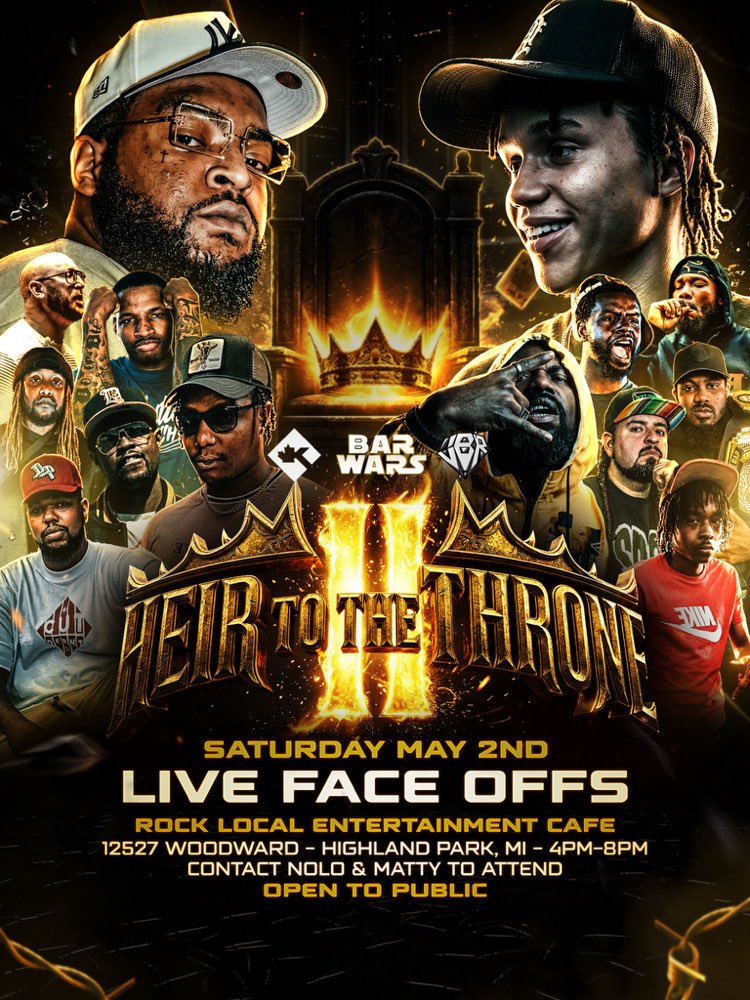 barwars_mbr's tweet photo. @barwars_mbr x @KingOfTheDot x @JBR_Streaming 
Present Heir to the Throne II #heir2 LIVE FACEOFFS at @RockLocalEntCaf this Saturday 5/2 4PM to 8PM  Tap in w/ @saintxnolo &amp; @mcpmone to attend.   @thebookofjuan @CbriTheLyricist  @FrizAllen @ecbreeze365 @bagdadlean @sincerelyclark https://t.co/AoKN9ROJHn