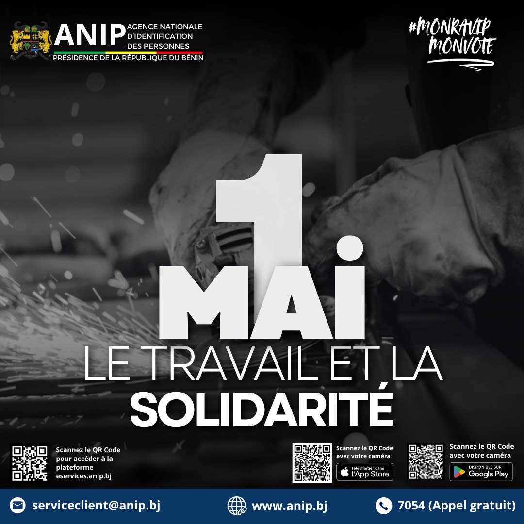 BeninANIP's tweet photo. 🛠️ 1er Mai – Fête du Travail

L’ANIP rend hommage à tous les travailleurs qui contribuent chaque jour, avec courage et engagement, au développement du Bénin.

Le travail construit les nations, la solidarité les rend plus fortes.

#1Mai #FeteDuTravail #ANIP #MonRavipMonVote https://t.co/OBXUhFNjah