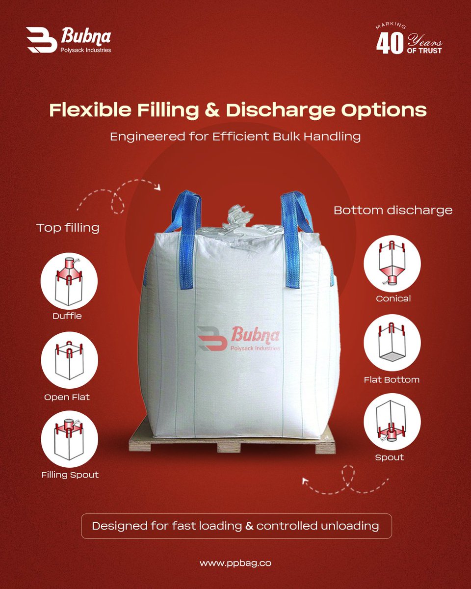 bubna_polysack's tweet image. Flexible bulk handling—built for performance 

Efficient filling &amp;amp; controlled discharge:
• Duffle, Open Flat &amp;amp; Spout top
• Conical, Flat &amp;amp; Spout discharge
• Faster loading, less loss
• Multi-industry use

Across borders, made simple.
ppbag.co

#Bubna #FIBC