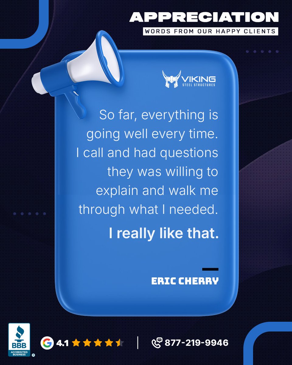 Viking_SteelStr's tweet image. “Eric Cherry said it best…” ⭐⭐⭐⭐⭐

Nothing beats a real 5-star review from a happy customer 🙌

That kind of feedback keeps us motivated 💯
Ready to experience it yourself? Let’s build something great 🚀

#5StarReview #HappyCustomer #VikingSteelStructures