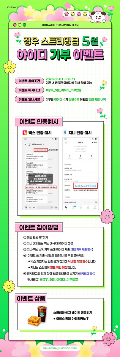RT) ₊˚‧꒰🍰꒱ 5월 아이디 기부 이벤트 안내 ‧₊ ᵎᵎ 

•••

해당 트윗 RT 후 아이디 생성 및 기부 참여 ➜ 이벤트폼 제출 ➜ 해시태그와 함께 해당 게시글에 멘션 남기기 ᰔ