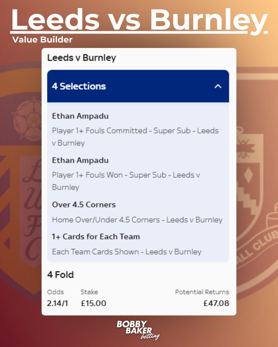 📈Leeds vs Burnley VALUE builder.

You'll want to see the research on this one, I fancy it at this price!

❤️IF YOU'RE ON!

👊Ampadu has committed 1+ fouls in 14/15 starts.
🤕He's also drawn a foul in 8 of his last 9.
🚩Leeds have had 5+ corners in 10/11 at home, as well as each