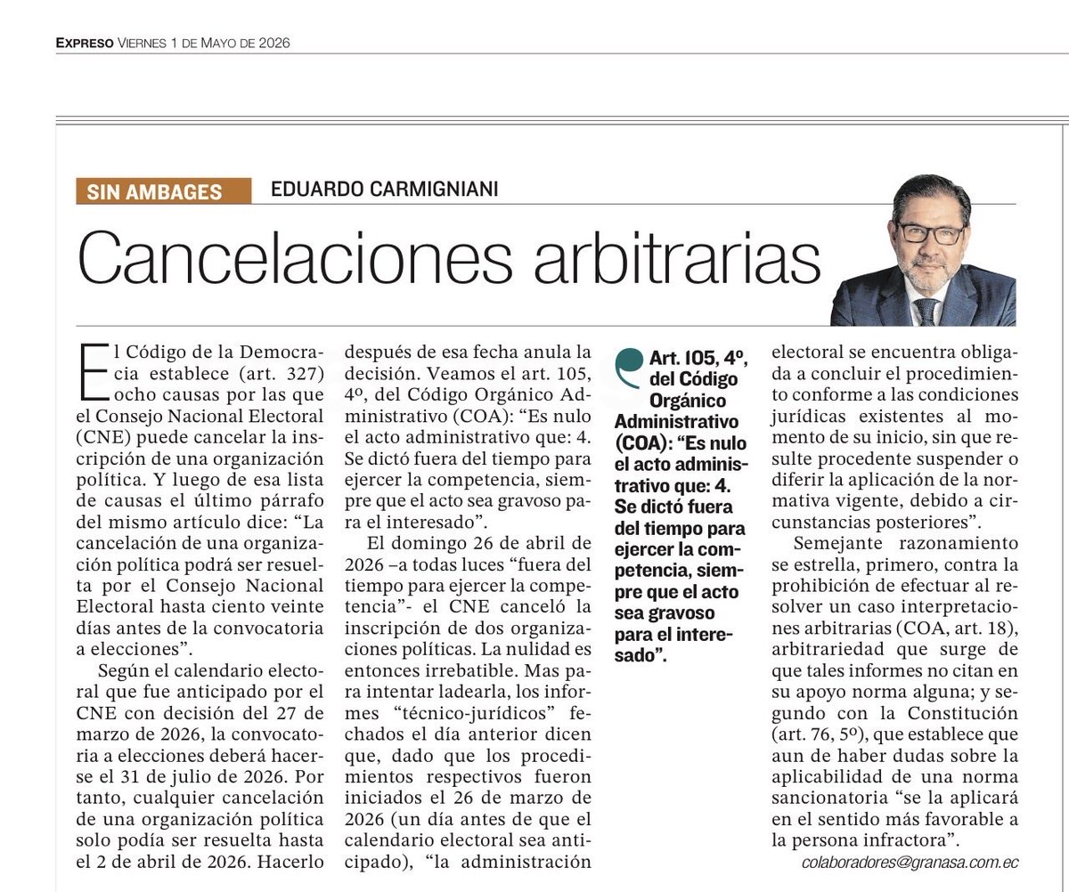 ecarmigniani's tweet photo. La cancelación de una organización política solo podía ser resuelta hasta el 2 de abril. Hacerlo después anula la decisión según el art. 105, 4º, del COA, por haberse dictado “fuera del tiempo para ejercer la competencia, siempre que el acto sea gravoso para el interesado”. https://t.co/9uahCGQKsr