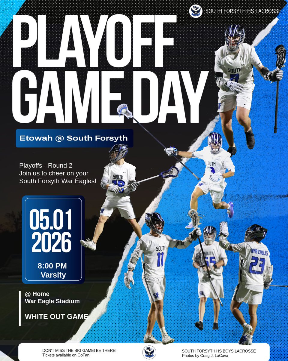 SFHSLAX's tweet photo. Playoff Game Day! Come out and cheer on your South Forsyth Girls &amp; Boys Varsity Lacrosse Teams!
Girls at 6pm. Boys at 8pm

Wear White, for our WHITE OUT!! https://t.co/uzUGiHwG5z