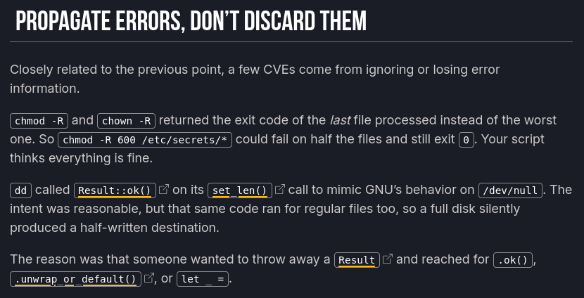 The whole point of Rust was that it's not easy to ignore errors and ...