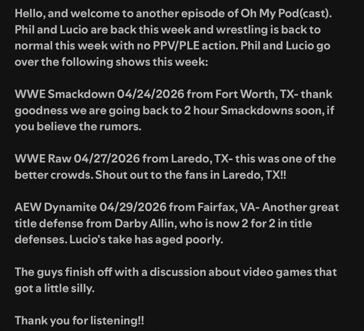 Happy Friday!! Episode 85 of Oh My Pod(cast) is now available!!

Spotify: open.spotify.com/episode/1D4uxQ…

Apple Podcasts: podcasts.apple.com/us/podcast/oh-…

#WWE #AEW #Yeet