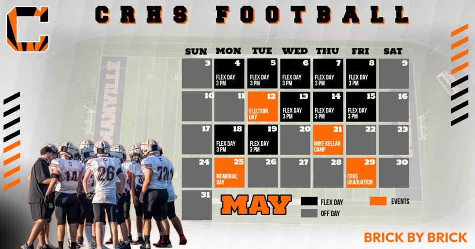 CRHSTigersFB's tweet photo. MAY CALENDAR 🐅🏈

Here’s what’s ahead for Tiger Football this month.
Time to show up, put in the work, and stay consistent.

#TigerTigerTiger
🧱by🧱 https://t.co/QGkOPaLzDF