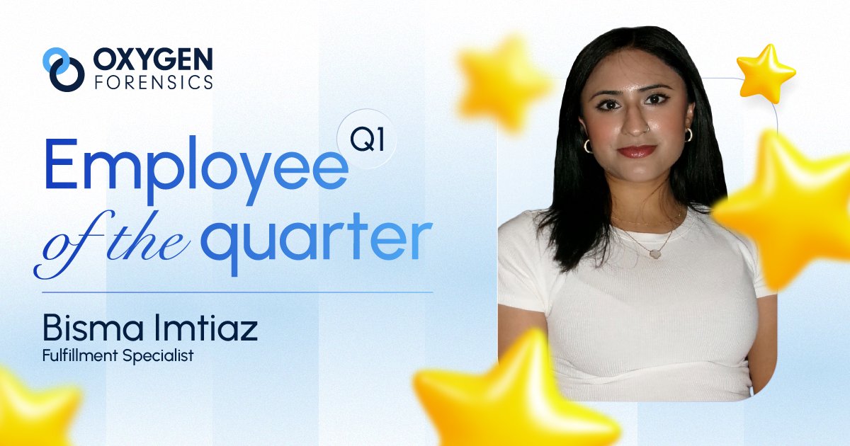 oxygenforensic's tweet image. Congrats to Bisma Imtiaz, Employee of the Quarter 🎉
Her speed, precision, and follow-through kept things running smoothly during a critical period. 👏
#Teamwork #Excellence #EmployeeRecognition #DFIR