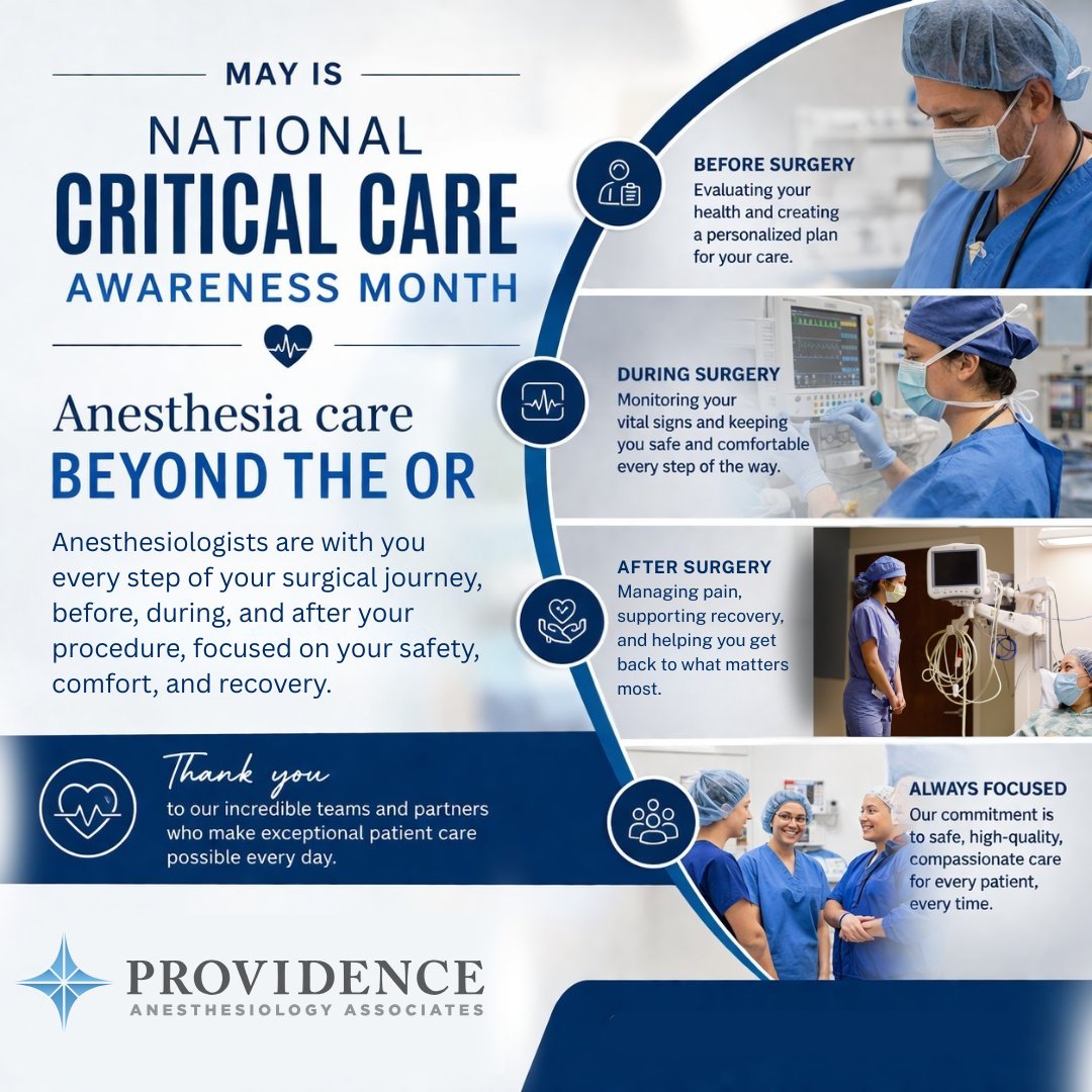 ProvAnesthesia's tweet image. This month, we celebrate National Critical Care Awareness Month! Anesthesiologists are with you every step of your surgical journey, focused on your safety, comfort, and recovery! #criticalcareawarenessmonth #patientcare