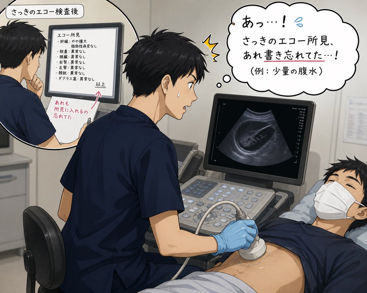 q_q7d's tweet photo. エコー中に直前にやった検査の所見記載し忘れを急に思い出す現象に名前をつけたい…💦単なる認知機能低下かもだけど👴 https://t.co/i7lIjNOqyS