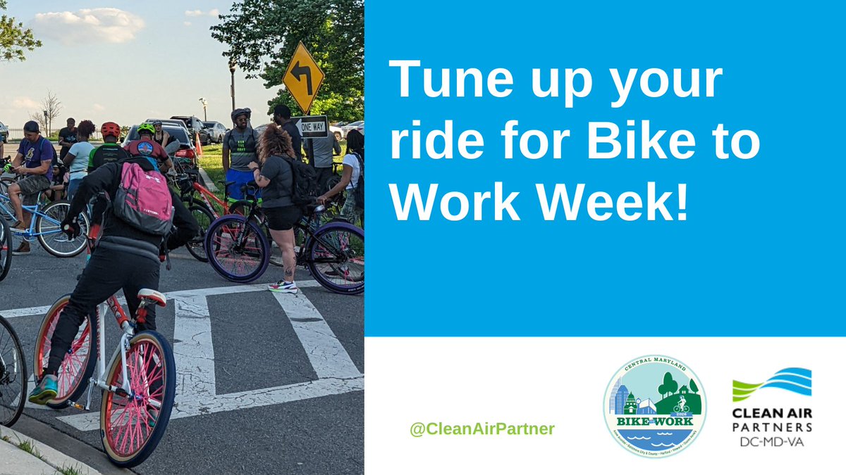BaltoMetroCo's tweet image. Looking for more ways to stay #AirAware this month? #BikeToWorkWeek is coming up! 

@CleanAirPartner says to give your bike a tune-up and commute on two wheels from May 11-17. You'll reduce your #CarbonFootprint and benefit your health, too! Register at biketoworkmd.com.