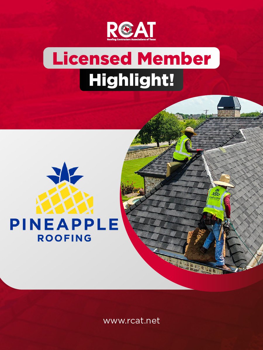 RCAT_tx's tweet image. Licensed Member Highlight: Pineapple Contractors 🍍

Pineapple Contractors is an RCAT-licensed, family-owned company with over 20 years of combined experience. 

🔗 Learn more about RCAT membership:
hubs.ly/Q04dFpY40 

#RCAT #RoofingContractors #TexasRoofing