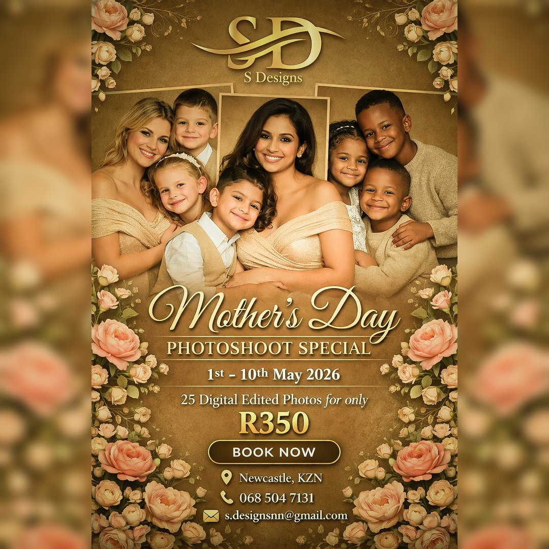 SDesigns_01's tweet photo. Celebrate the love, beauty, and strength of every mother 🤍
This Mother��s Day, turn precious moments into timeless memories with S Designs.

✨ Limited Time Special
📸 25 Professionally Edited Photos
💰 Only R350

Spots are limited — Book now before they’re gone! 

#MothersDay https://t.co/gjeljGD9Uj