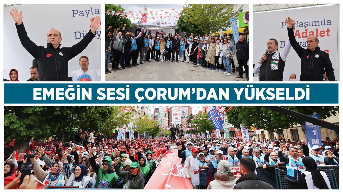 BuroMemurSen_'s tweet photo. EMEĞİN SESİ ÇORUM’DAN YÜKSELDİ

Memur-Sen olarak 1 Mayıs Emek ve Dayanışma Günü’nü Çorum’da kutladık. 

1 Mayıs kutlamaları Konfederasyonumuz Memur-Sen Genel Başkanı Ali Yalçın ve bağlı sendikaların genel başkanları, genel mekez yöneticileri ve üyelerin katılımıyla Saat Kulesi Meydanı’nda “paylaşımda adalet dünyada barış” temasıyla gerçekleştirildi. Kutlama programına Büro Memur-Sen olarak Genel Başkanımız Yusuf Yazgan, Genel Merkez Yönetim Kurulumuz, Şube Başkanlarımız, şube yönetimlerimiz ve teşkilatımızla katılım sağladık.

Genel Başkanımız Yusuf Yazgan, tüm kamu görevlilerinin 1 Mayıs Emek ve Dayanışma Günü’nü kutladı. Yazgan, yaptığı açıklamada, “1 Mayıs, ekmek mücadelesi için emek veren herkesin bayramıdır. Bu anlamlı günde emeğin değer görmesi ve alınterinin hakkının verilmesi çağrımızı dile getirdik. Kamuda iş barışının tesis edilmesi için paylaşımda adaletin sağlanması, emeğin değer görmesi bakımından önemlidir.” ifadelerini kullandı.

Haberimiz için tıklayınız⤵️
🔗https://t.co/tB5MdKsZhR

#1Mayıs #1MayısÇorum #PaylaşımdaAdaletDünyadaBarış