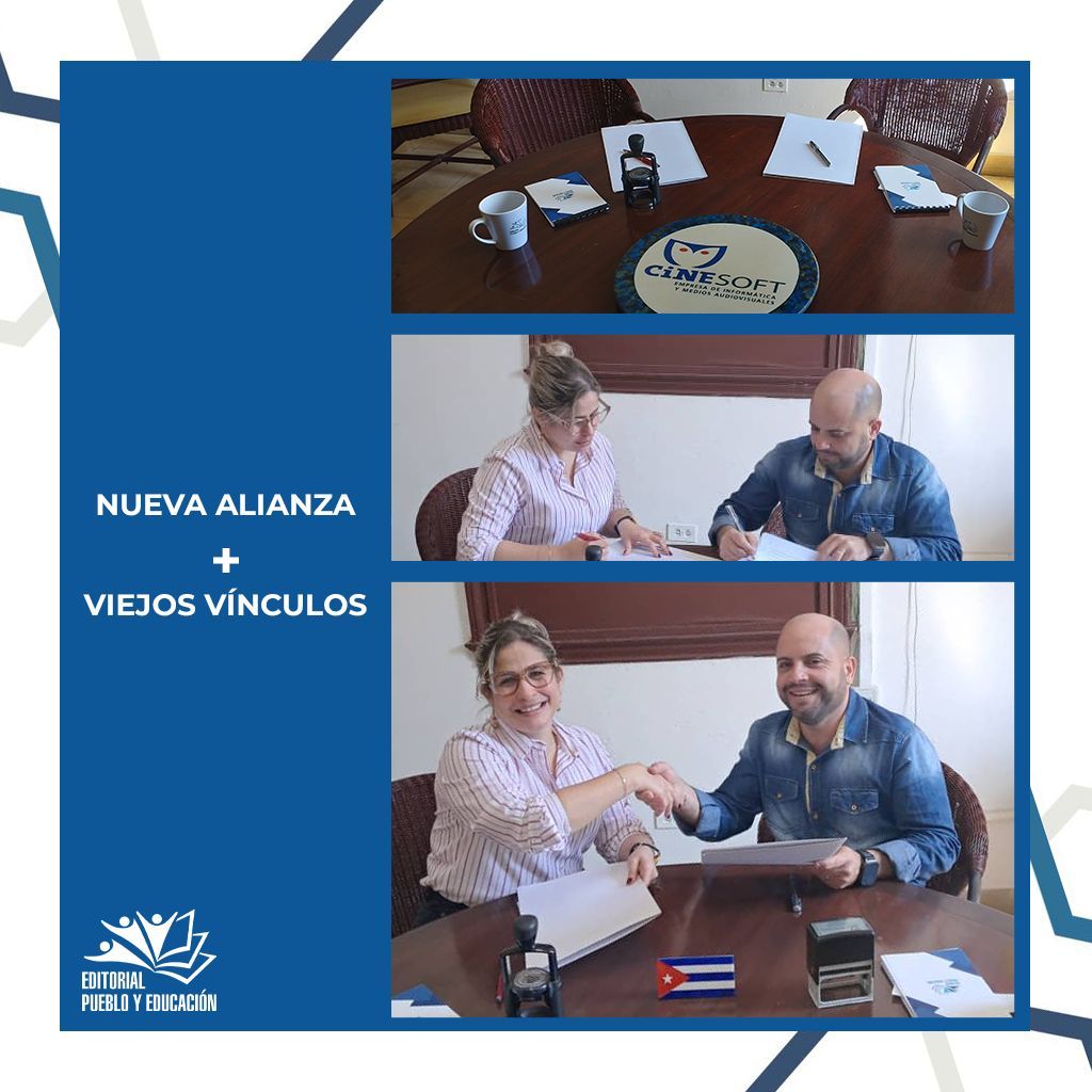 🚩 ¡Unidos este #1roDeMayo!

Celebramos una NUEVA ALIANZA estratégica entre la Editorial Pueblo y Educación y Cinesoft.

Con la firma de este nuevo contrato, nuestro catálogo de libros electrónicos se integra a la Tienda Virtual de CubaEduca. ¡Avanzamos por la educación digital!