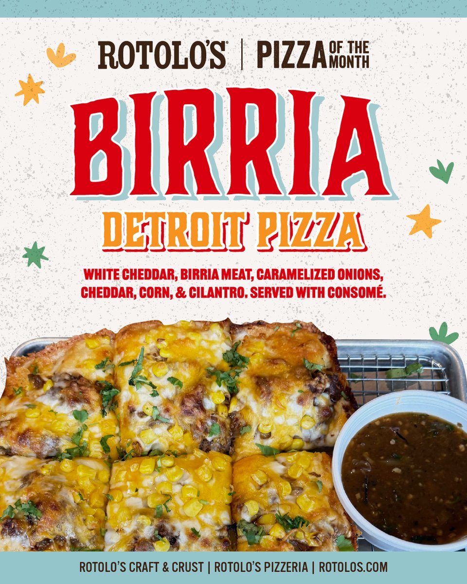 Rotolos's tweet photo. Detroit-style, but make it Birria 🔥 Loaded with white cheddar, caramelized onions, corn &amp; cilantro, served with rich consommé for dipping.

Available until May 30th. https://t.co/4PPjKCJUlP
