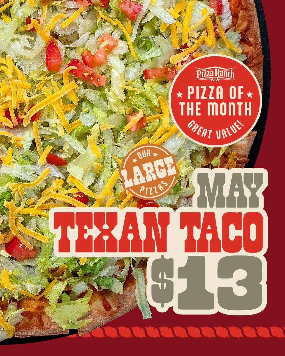 PizzaRanch's tweet photo. Introducing our May Pizza of the Month — Texan Taco! 🌮
Loaded with bold, crave-worthy flavor, it’s a fan favorite for a reason.
All May long, get a Large Texan Taco Pizza for just $13! 
Order online today: https://t.co/OjsH3GwRa2 https://t.co/klT74p0xHm