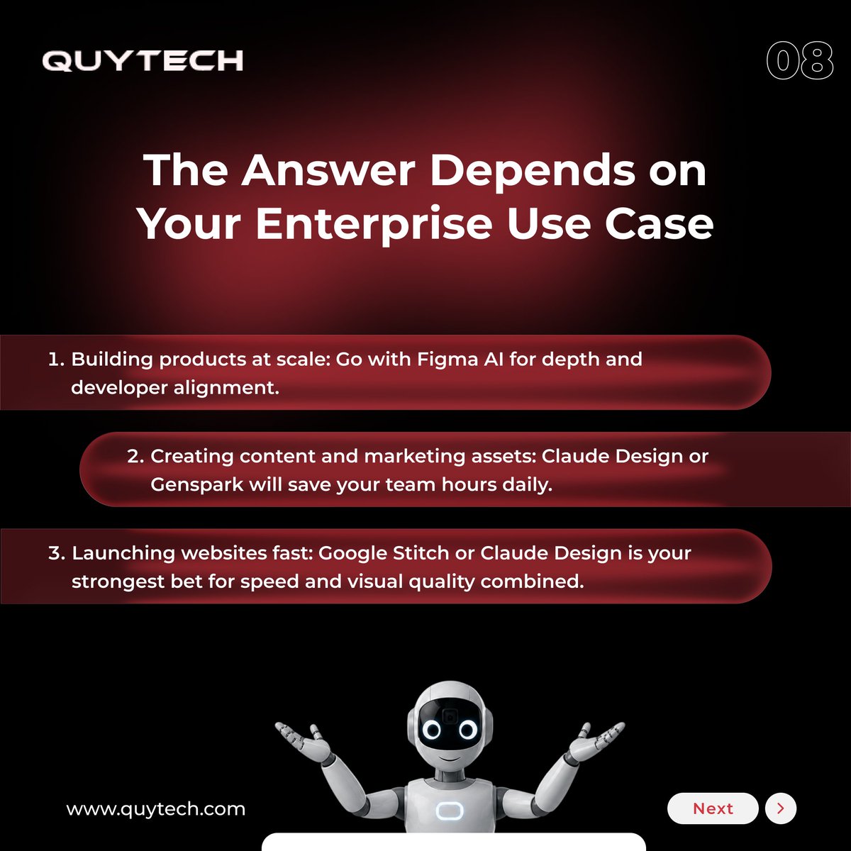 Quytech's tweet photo. Post 3 - AI fixed design bottlenecks. Now the issue? Too many tools.

Figma AI, Claude, Genspark, Stitch—choose what fits your workflow.

Get expert help: https://t.co/on9MLk3Axo

#AIDesign #FigmaAI #ClaudeDesign #Genspark #GoogleStitch #EnterpriseAI #UXDesign #AITools https://t.co/N3OijaZ21p