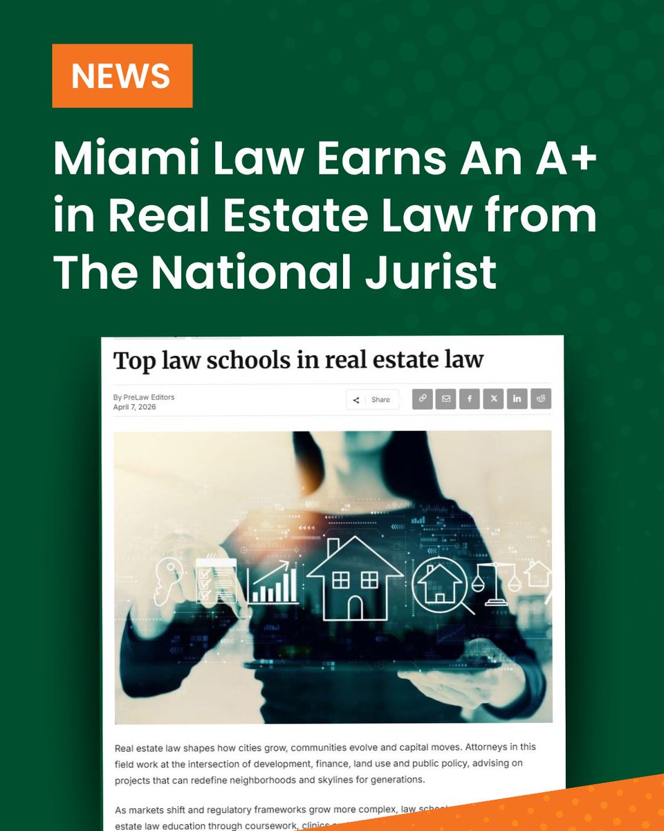 MiamiLawSchool's tweet image. Miami Law is ranked among the top law schools in #RealEstateLaw earning an A+ on the @NationalJurist Honor Roll. Read more at nationaljurist.com/top-law-school… #MiamiLaw #LawSchool