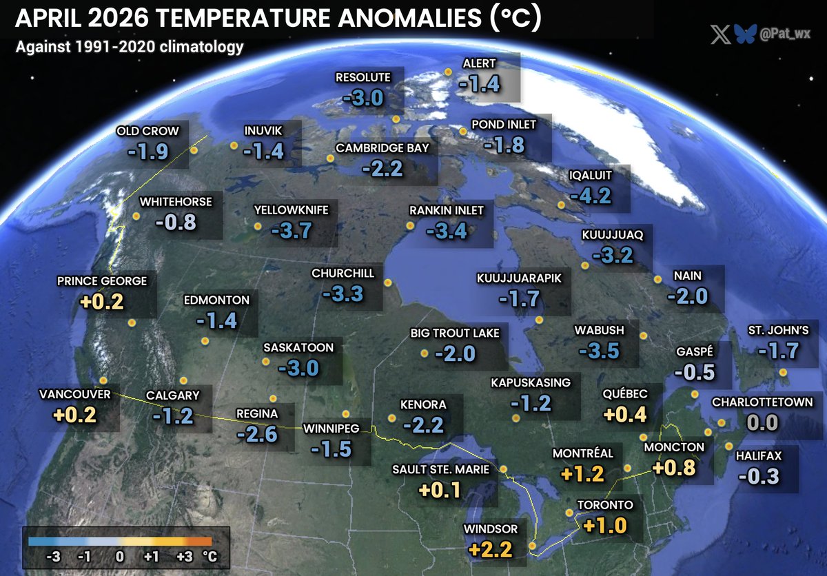 Pat_wx's tweet photo. April 2026 was another cold month in most of Canada. Above-normal temps were observed in the Quebec City-Windsor corridor, and BC was overall near normal. #wxtwitter https://t.co/KdUjGDyE1n