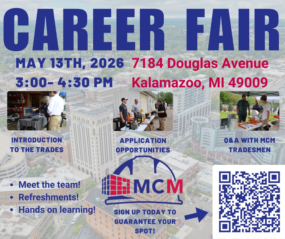 MCM_mechanical's tweet image. 13 days until the MCM Mechanical Contracting Career fair! This is the perfect event you should attend if you’re Interested in the trades or want to learn more! Stop by and talk with our team on May 13th, 2026, from 3:00 pm – 4:30 pm at our Kalamazoo Location!

#mcm #mcmteam