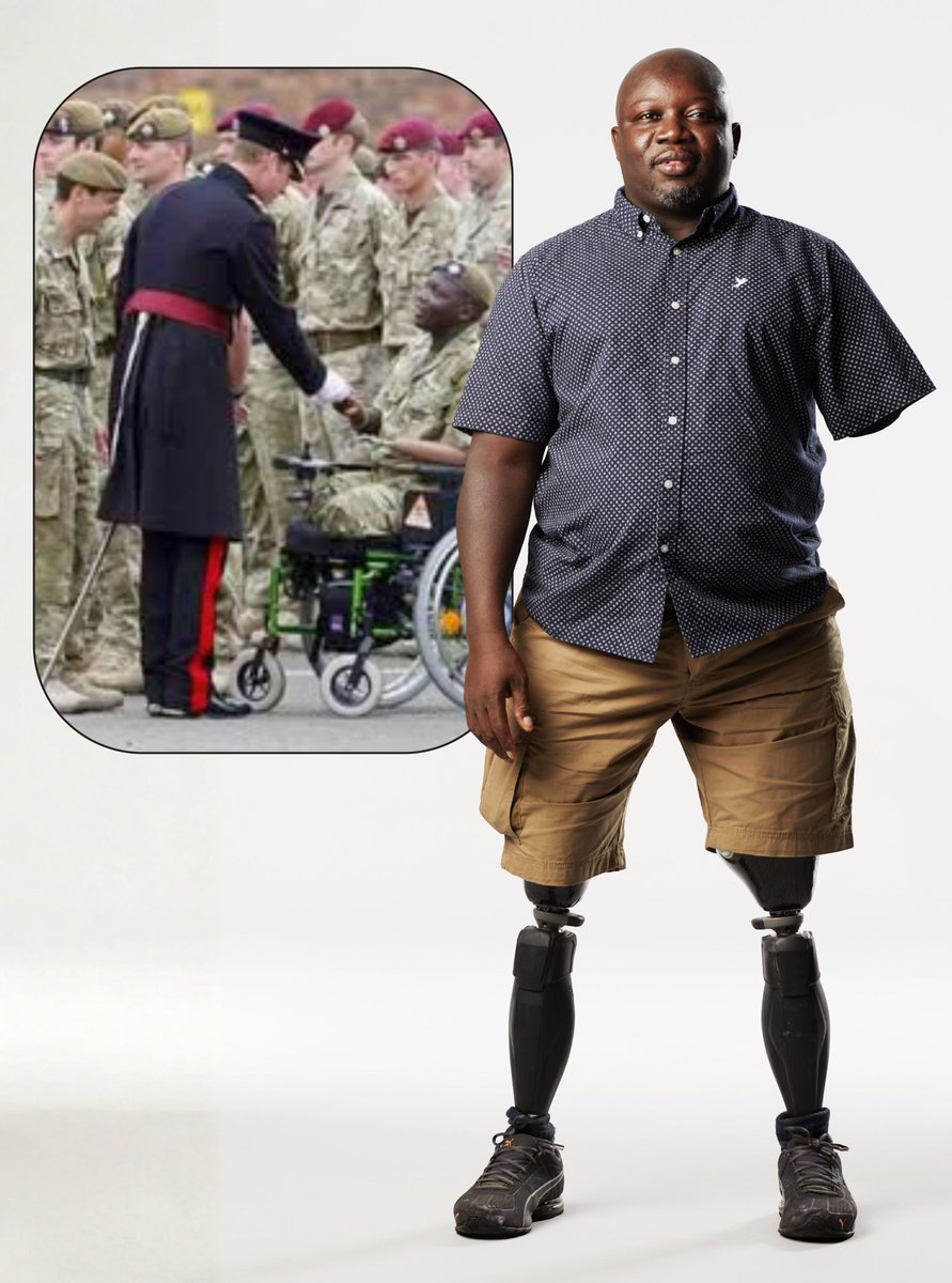 Blesma's tweet photo. Lamin from The Gambia joined 1st Battalion The Irish Guards.

On patrol in Afghanistan, he stepped on a Taliban IED and lost both legs above the knee and his right arm.

"I thought I was going to be useless… that I would never be able to do anything for myself.”

With Blesma’s support through his darkest moments, Lamin found strength, resilience, and hope.

“Blesma stood by my side… Their support network was always there. I cannot be more grateful.”

Respect, Lamin 🫡