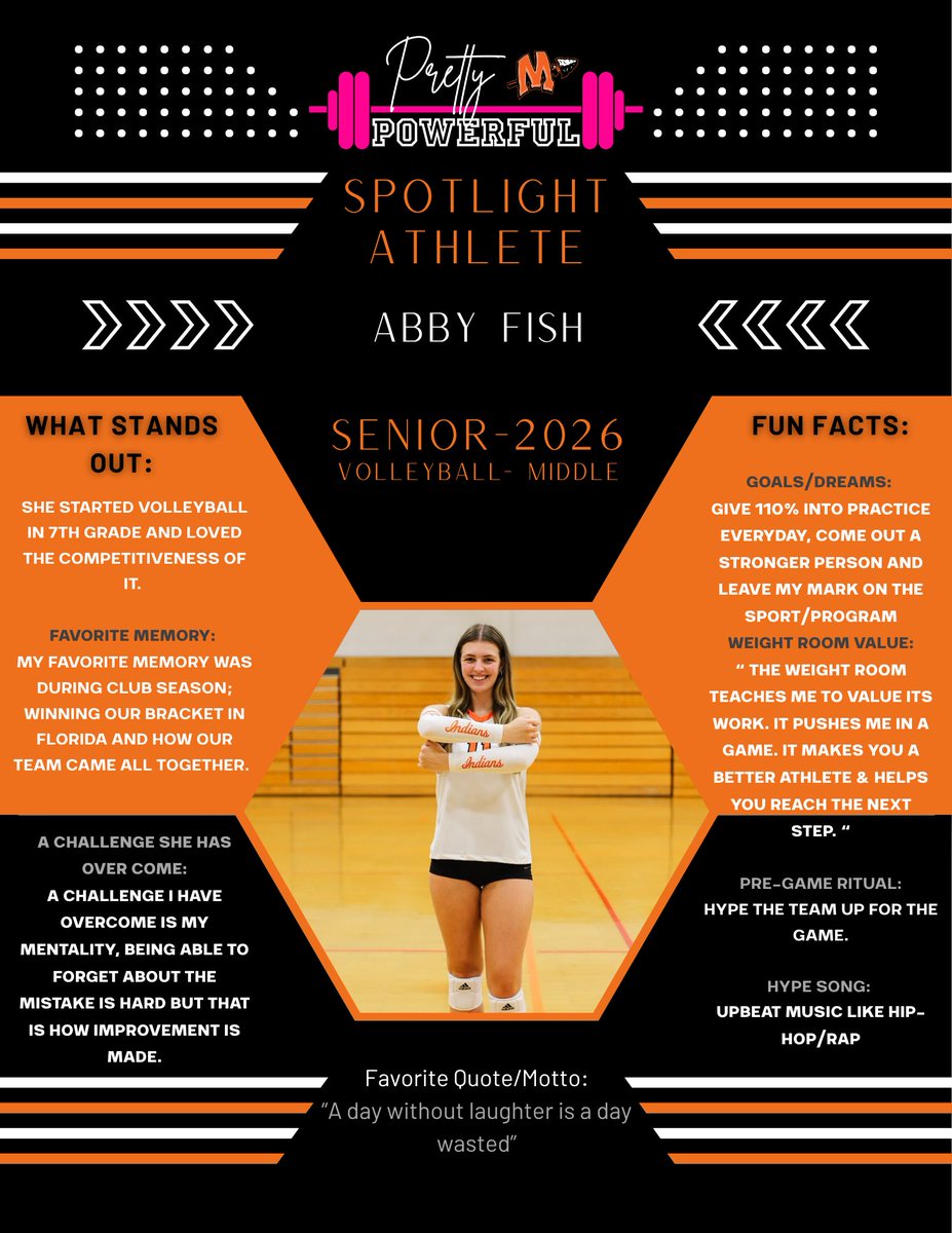 MCHS_Throwers's tweet photo. Wrapping up this year! May’s“Pretty Powerful Athlete Spotlight” goes to our ultimate hype girl Abby Fish. She is the definition of a selfless teammate, always lifting others up & bringing the energy! @MCHS_AO @Minooka_VB #femaleathletes #prettypowerful #likeagirl https://t.co/DNkoaQoUUQ