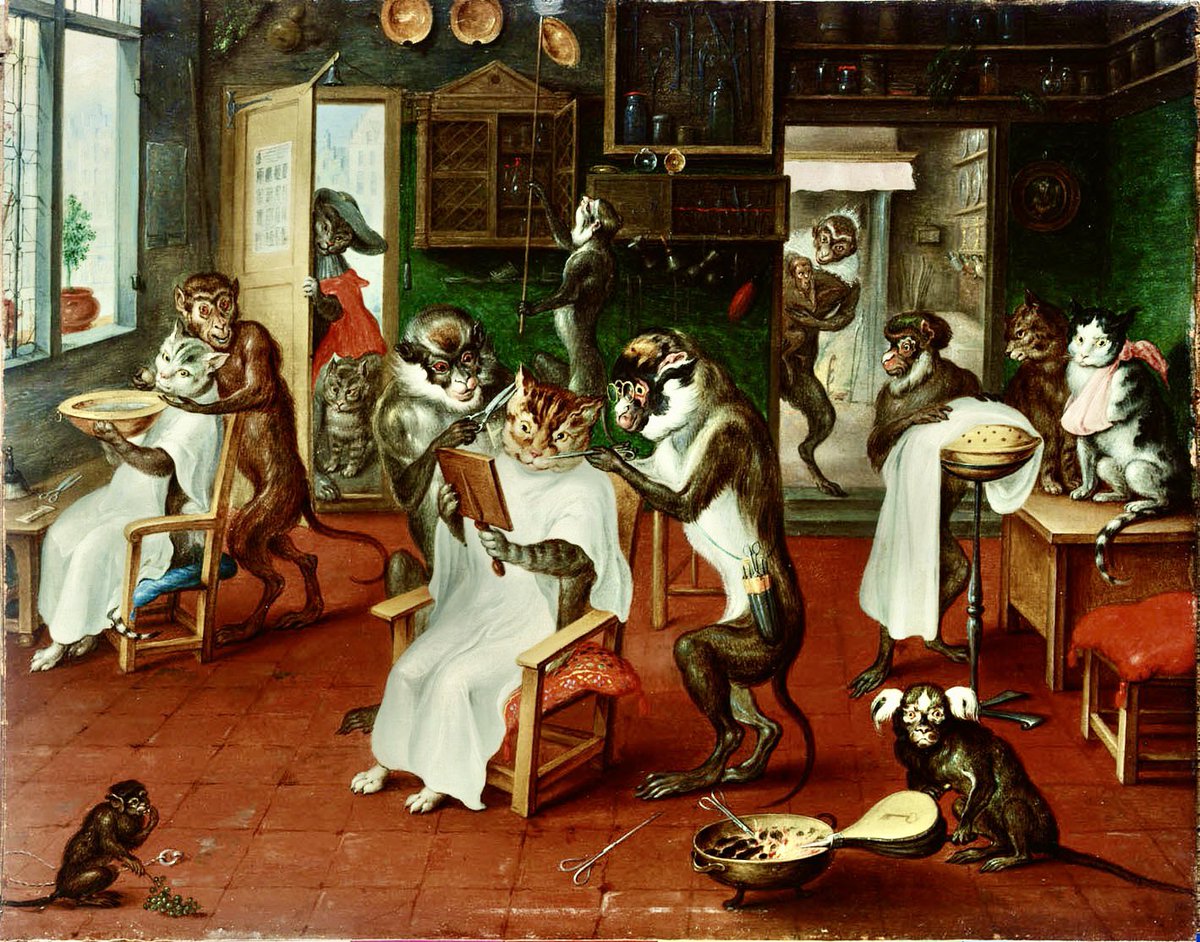 nissnickmich's tweet image. “Barbería con monos y gatos”. Obra de Abraham Teniers, pintor barroco flamenco del siglo XVII #arte #pintura #humor #barberia #monos #gatos #curiosidades #1mayo