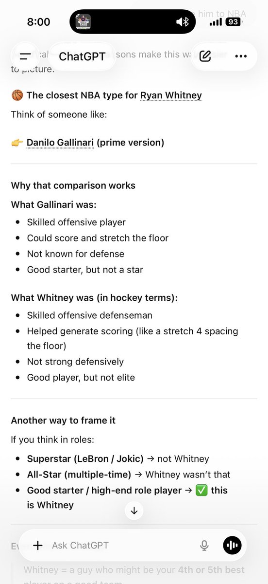 ASAPNateball's tweet photo. @PardonMyTake @BarstoolBigCat @PFTCommenter playing a bit of catch up and listening to the @ryanwhitney6 interview. As an NBA fan that knows very little about NHL history, I asked ChatGPT to compare him to an NBA player. Thoughts on the comps? https://t.co/ezKTOPYzh5