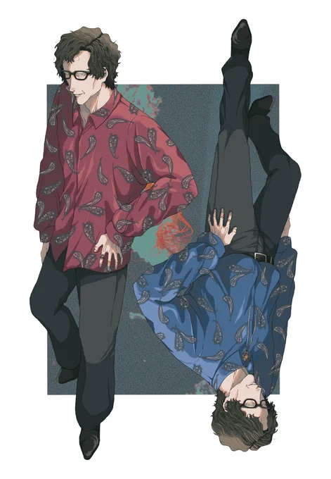 私のオキニの柄シャツコーデ、私よかミコラーシュさんにしてもらった方が見栄えがいいことに気が付いたので描いた