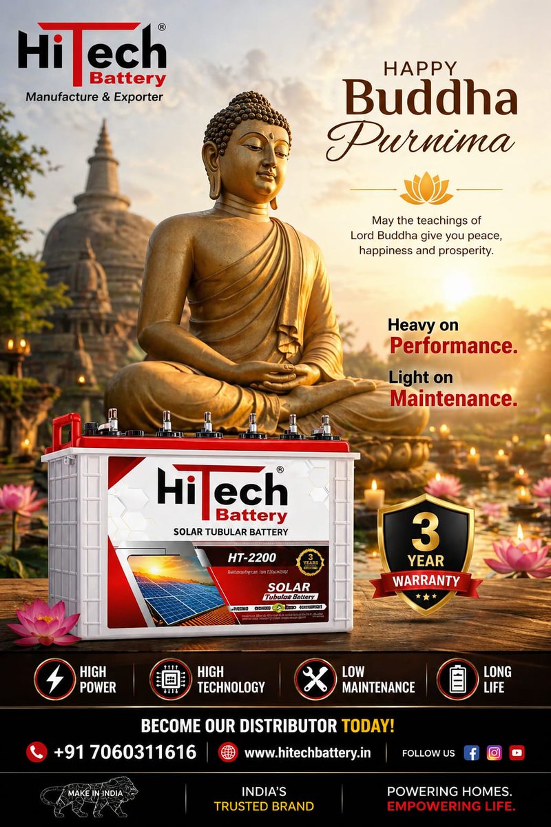 HitechBattery's tweet image. Wishing you peace &amp;amp; wisdom on Buddha Purnima 🙏🌸
HiTech Battery – Power you can trust ⚡
🌍 Distributors Wanted Worldwide
📞 +91 7060311616
#BuddhaPurnima #HiTechBattery #CleanEnergy #PowerBackup #GlobalBusiness
