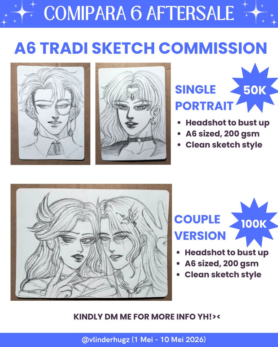 vlinderhugz's tweet photo. [RT &amp; SHARE ARE APPRECIATED] 
Aftersale catalogue for Comipara 6 &amp; Tradi sketch Commission sudah dibuka!!

🗓 1 MEI - 10 MEI 2026
💌 Mail Order INA only
🛒 Original merch , OC , tradi / live sketch commission
🖇 link : https://t.co/iQv2eoLULD

#comipara6 #commissionopen #artidn https://t.co/lSR22Z7tgS