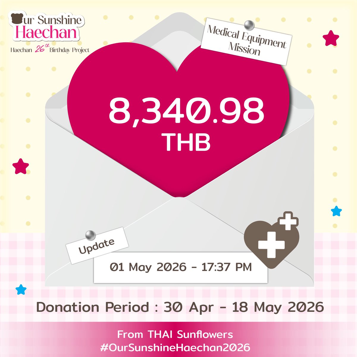 HCBDProject2026's tweet photo. 🐻🌻— Haechan 26th Birthday Project

ยอดโดเนทอัพเดทล่าสุด ʕ´•ᴥ•`ʔ
มาร่วมเป็นส่วนหนึ่งในวันเกิดคุณแฮชานกันนะคะ

Birthday Displays
🩷 https://t.co/R4GwKilKsa

Medical Equipment
💛 https://t.co/JYrznG6TXG

รายละเอียดเพิ่มเติมในฟอร์มค่ะ🙇‍♀️

#OurSunshineHaechan2026
#HAPPYHAECHANDAY https://t.co/dYAtHAurc2