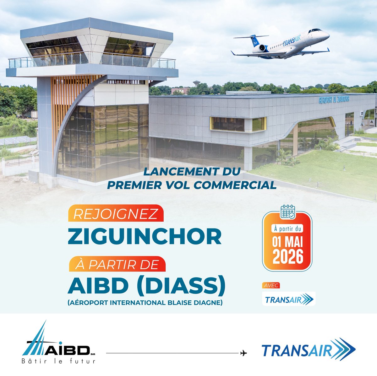 AIBDsa's tweet photo. Lancement du premier vol commercial à 15h

#aibdsa #batirlefutur #vol #commercial #dakar #ziguinchor #transair #01mai https://t.co/dODXZ79nek