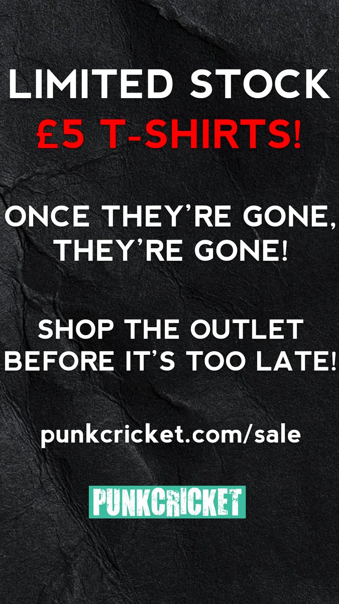 PunkCricket's tweet image. Unbelievable! A very limited stock of t-shirts is available for just £5 right now - but be quick, because once they're gone, they're gone!

punkcricket.com/sale

#PunkCricket #Sale #Bargain
