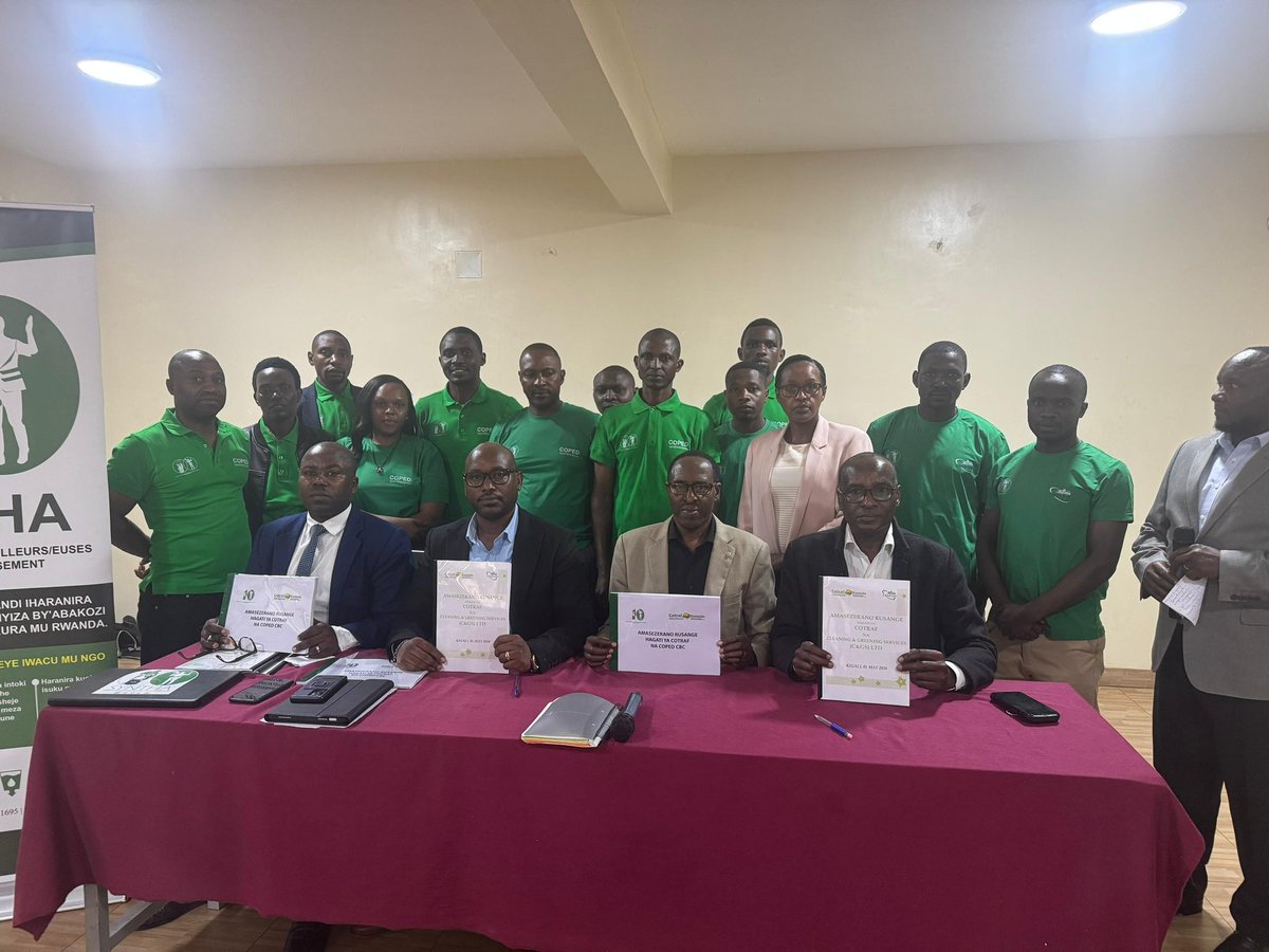 gakumba21's tweet photo. A milestone for workers' rights in Rwanda! 🇷🇼🤝
@cotraf_rwanda
 through its affiliate  #SYNTHA has officially signed a CBA with COPED and CGS Ltd.
​This landmark deal secures better working conditions and social protections for professionals in the hygiene and sanitation sector. https://t.co/Q7HfNKdFIr