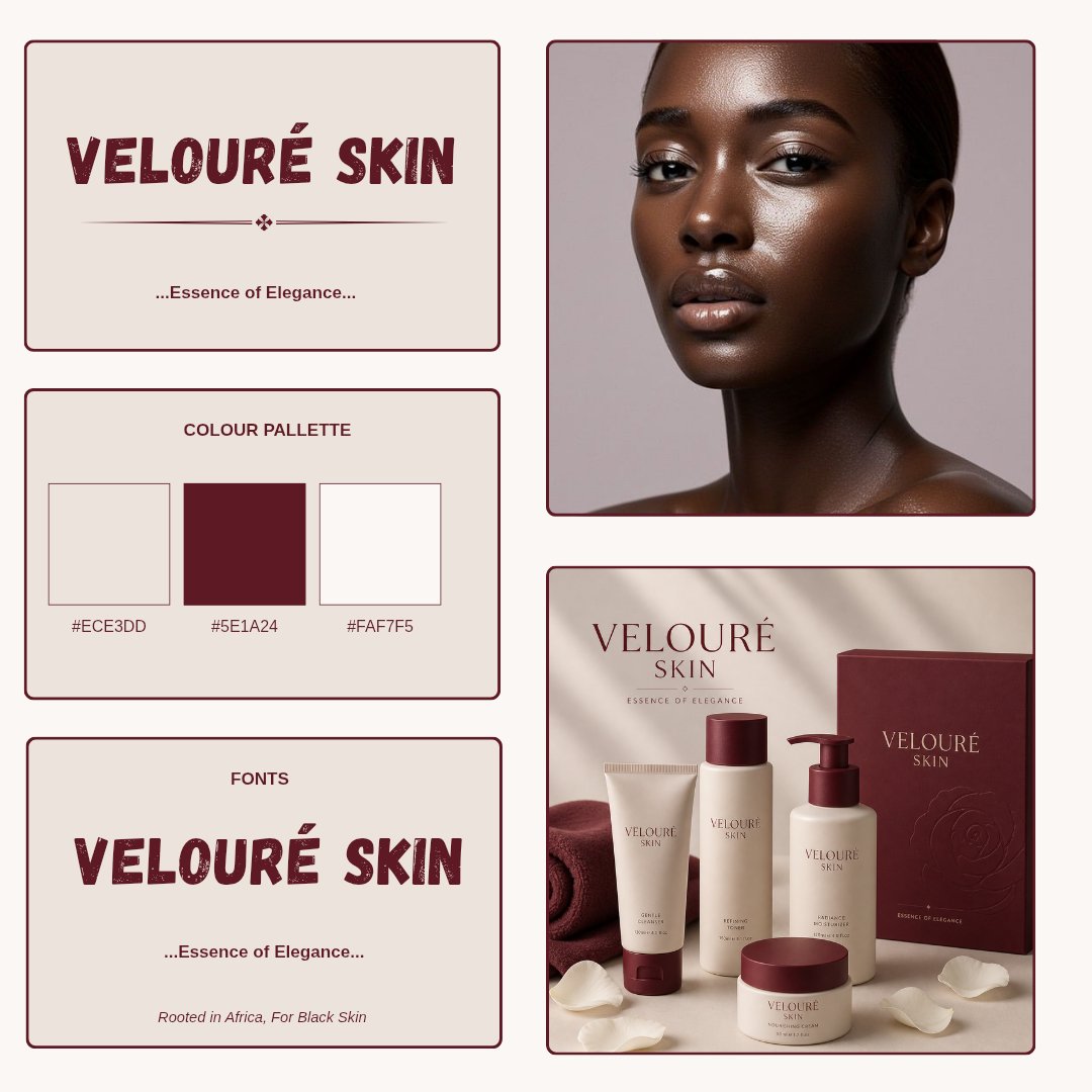 I_am_Nitzahon's tweet photo. This week's assignment is a Mood Board for any Brand of Choice 
I chose a Skincare Brand - VELOURÉ SKIN 
Target Audience - Black Women in their 20's - 40's
Brand Feeling - Luxury, Soft Feminine 
Theme Colors - Burgundy, Oatmeal/ Cream Beige 

Constructive Criticism allowed! https://t.co/YLTU82LN2T