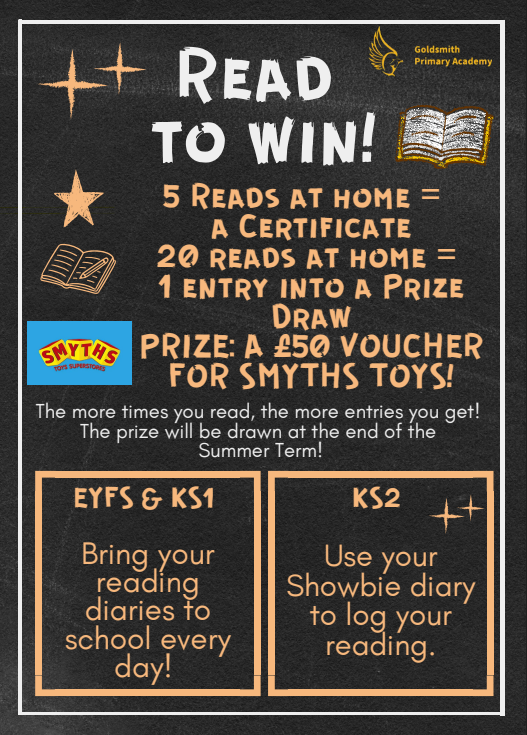 goldsmithwalsal's tweet image. 📚 Read to Win is back for the Summer Term! 🥳
✨ Log 5 reads = reading certificate
✨ Log 20 reads = entry into our prize draw
🏆 End-of-term prize: £50 #SmythsToys  gift card! 🥷💪
Keep reading, keep logging, keep winning! 📖💛
#DreamRiseAspire #LoveReading #ReadingChampions